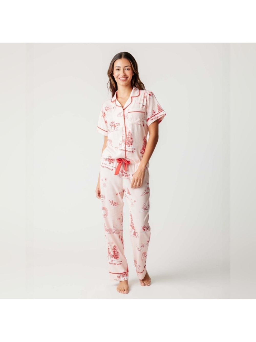 Katie Kime Pink Red Christmas Toile Pajama Set M